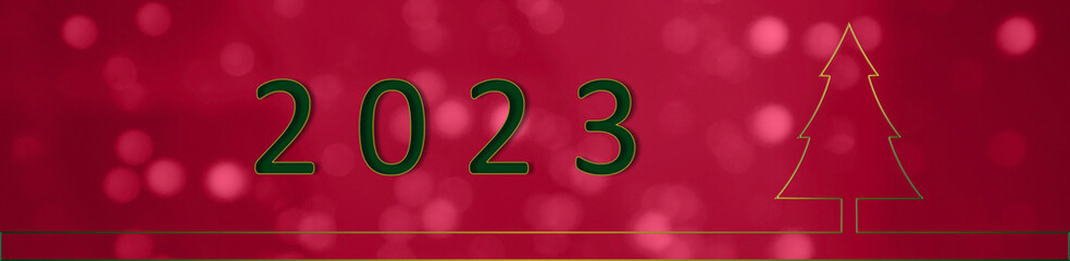 Merry Christmas and Happy New Year 2023 background. Trendy Toned in Color of the year 2023, Viva Magenta. Gold Christmas tree on the red background.