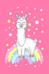 Cute print llama alpaca on rainbow pink background. Vector illustration.