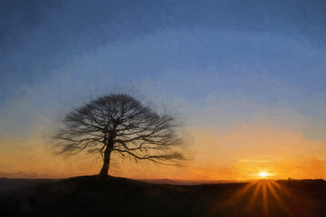 Digital oil painting of a lone tree on Grindon Moor, Staffordshire, UK. - obrazy, fototapety, plakaty