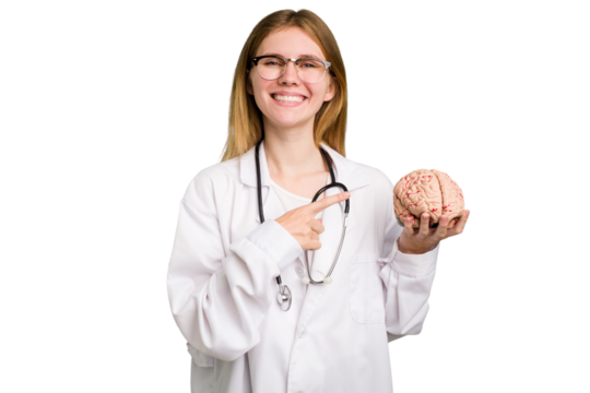 Young doctor caucasian woman holding a brain isolated smiling and pointing aside, showing something at blank space.