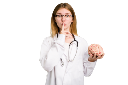 Young doctor caucasian woman holding a brain isolated keeping a secret or asking for silence.