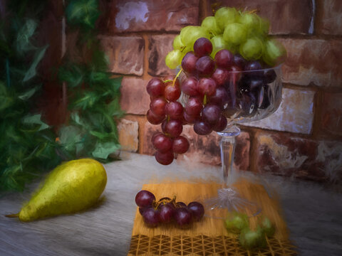 Digital oil painting of still life red and green grapes in a tall glass.