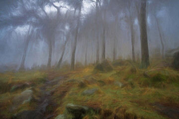 Digital oil painting of woodland winter mist and fog at The Roaches, Staffordshire, Peak District National Park, UK.