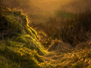 Digital painting of a winter sunset panoramic view of Baldstone, and Gib Torr in the Peak District National Park, UK.