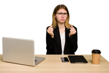 Young business caucasian woman working on her workplace cutout isolated showing that she has no money.