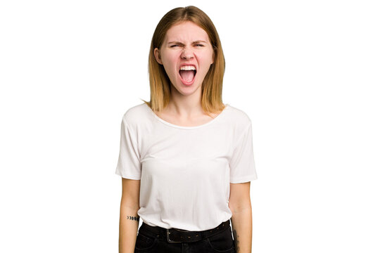 Young caucasian woman isolated shouting very angry, rage concept, frustrated.