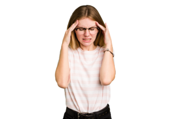 Young caucasian woman isolated touching temples and having headache.