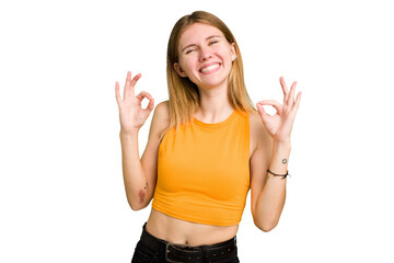 Fototapeta na wymiar Young caucasian woman isolated cheerful and confident showing ok gesture.