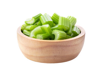 slice celery in wood bowl isolated on transparent png