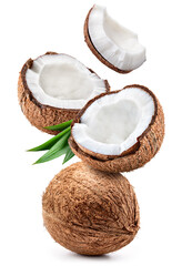 Coconut isolated. Coconut whole, half and piece with leaves on white background. Broken white coco flying. Full depth of field. - obrazy, fototapety, plakaty