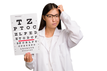 Young asian oculist woman holding a eye chart paper isolated being shocked, she has remembered important meeting.