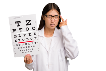 Young asian oculist woman holding a eye chart paper isolated showing a disappointment gesture with forefinger.