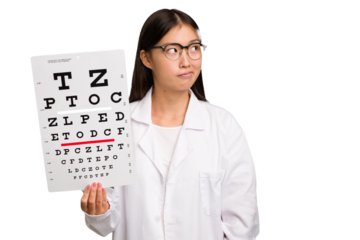Young asian oculist woman holding a eye chart paper isolated confused, feels doubtful and unsure.