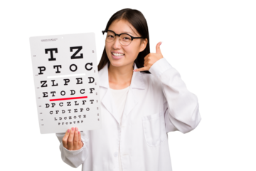Young asian oculist woman holding a eye chart paper isolated showing a mobile phone call gesture with fingers.
