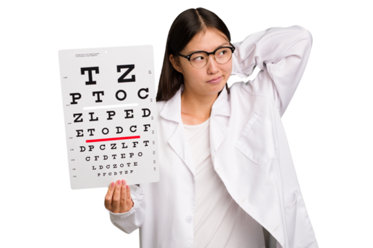 Young asian oculist woman holding a eye chart paper isolated touching back of head, thinking and making a choice.