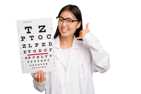 Young asian oculist woman holding a eye chart paper isolated showing a mobile phone call gesture with fingers.