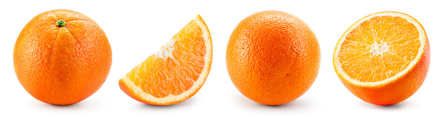 Orange isolated. Orange fruit set: whole, half and slice on white background. Orang collection....