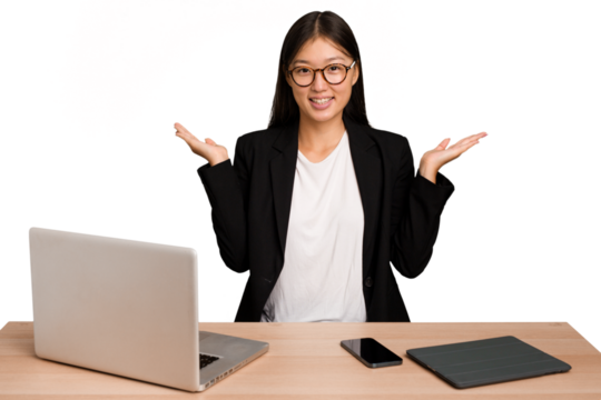 Young business asian woman sitting on a table isolated makes scale with arms, feels happy and confident.