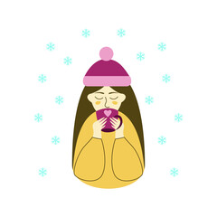 The girl drinks coffee, winter, snowflakes. Vector illusnration.