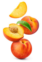 Peach isolated. Whole peach flying with a slice on white background. Falling peach fruit with leaf and cut pieces. Full depth of field.
