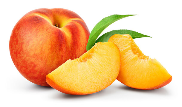 Peach isolated. Whole peach with a slice on white background. Peach fruit with leaf and cut pieces. Full depth of field.