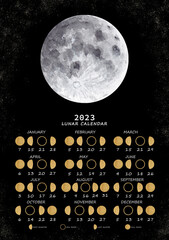 Lunar calendar 2023. Moon phases calendar for 2023 with beautiful watercolor moon and golden moons. For the Northern hemisphere.