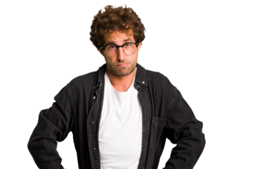 Young curly smart caucasian man cut out isolated sad, serious face, feeling miserable and displeased.