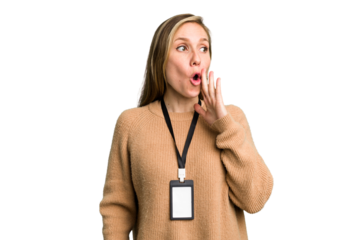 Young caucasian woman with ID card isolated is saying a secret hot braking news and looking aside