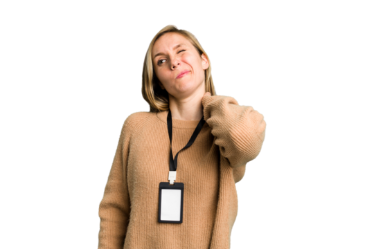 Young caucasian woman with ID card isolated touching back of head, thinking and making a choice.
