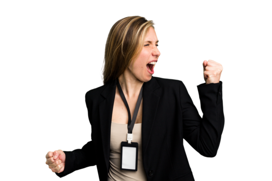 Young caucasian business woman with ID card isolated raising fist after a victory, winner concept.