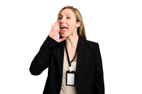 Young caucasian business woman with ID card isolated shouting and holding palm near opened mouth.