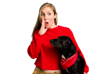 Young caucasian woman and her dog isolated is saying a secret hot braking news and looking aside