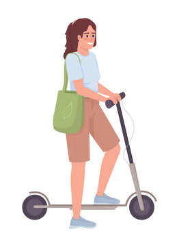 Lady with electric scooter semi flat color vector character. Clean vehicle. Editable figure. Full body person on white. Simple cartoon style illustration for web graphic design and animation