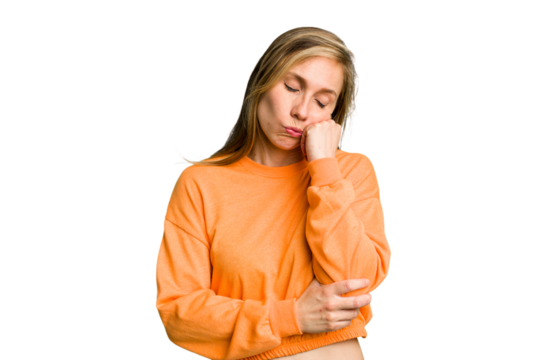 Young caucasian woman cutout isolated who feels sad and pensive, looking at copy space.