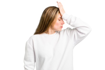 Young caucasian woman cutout isolated forgetting something, slapping forehead with palm and closing eyes.