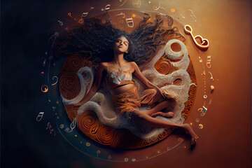 Artistic depiction of a woman in deep relaxation, surrounded by dynamic sound wave visuals, epitomizing sound healing and yoga tranquility generative ai