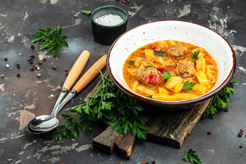 vegetable soup with stewed vegetables and meat, banner, menu, recipe place for text, top view