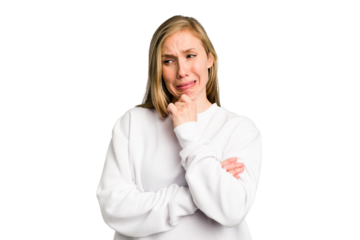 Young caucasian woman cutout isolated suffers pain in throat due a virus or infection.