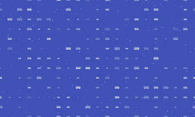 Naklejka premium Seamless background pattern of evenly spaced white bus symbols of different sizes and opacity. Vector illustration on indigo background with stars