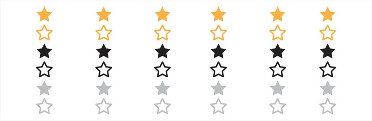 Stars icons set. Stars in linear flat design. Five stars icon. 5 stars yellow, black and grey icons. Gold, black and grey flat icons. Ranking logos. Vector illustration