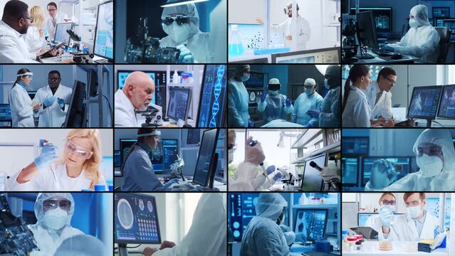 Science, research and laboratory work concept. Diverse people work in modern science labs. Doctors, professors and lab assistants conduct medical, nanotechnological and microelectronic research.