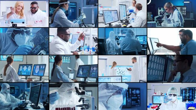 Science, research and laboratory work concept. Diverse people work in modern science labs. Doctors, professors and lab assistants conduct medical, nanotechnological and microelectronic research.