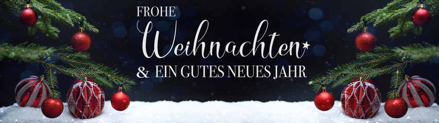 Frohe Weihnachten & gutes neues Jahr Hintergrund Banner Panorama Grußkarte - Rote Christbaumkugeln...