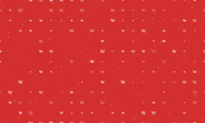 Seamless background pattern of evenly spaced white Korean won signs of different sizes and opacity. Vector illustration on red background with stars