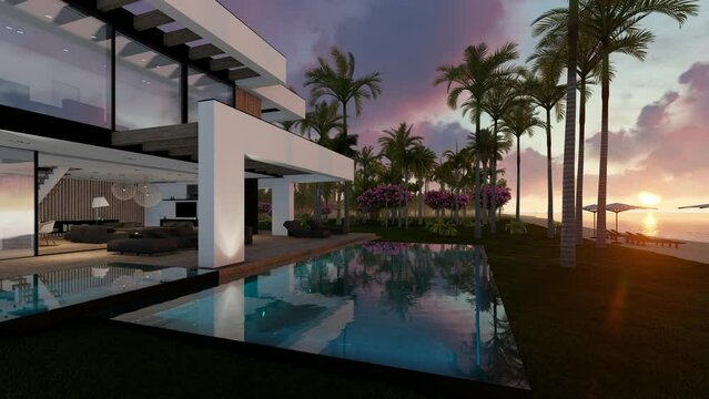 4K video rendering of modern cozy house with pool and parking for sale or rent in luxurious style by the sea or ocean. Sunset evening by the coast with palm and flowers in tropical island Fly-walk