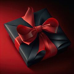A black gift box wrapped with a red ribbon.