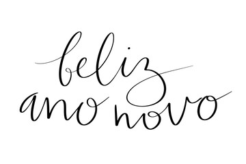 Happy New Year in portuguese Feliz Ano Novo handwritten lettering calligraphy. Vector web banner template
