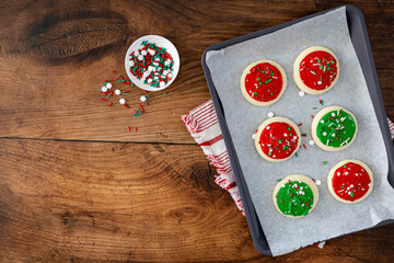 Fototapeta na wymiar Red and Green Christmas Cookies with Room for Copy