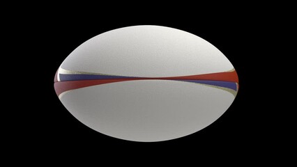 A seamlessly loop able animation of a white textured rugby ball with red blue and gold colour design elements spinning and rotating on black background