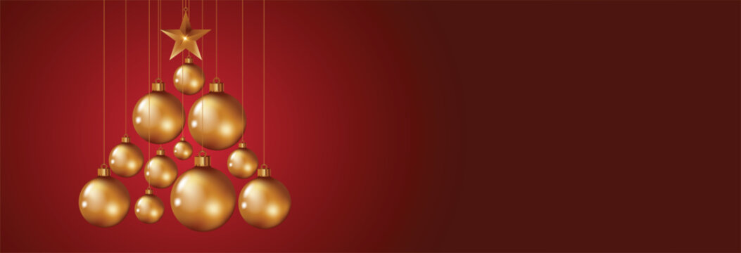 Christmas Background on free text area and christmas tree form with metal Star and balls. Chic Christmas Greeting Card.